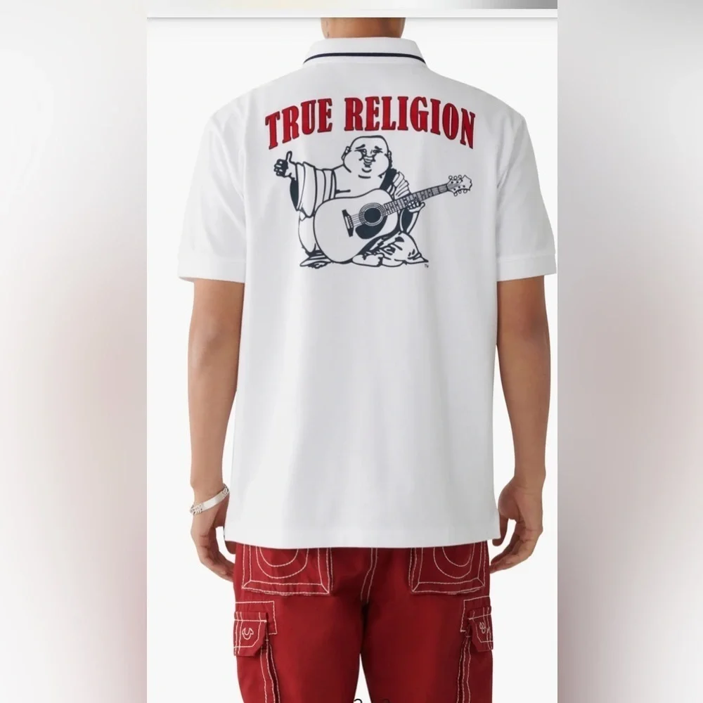 True Religion White Polo Shirt with Red Logo Graphic Polo